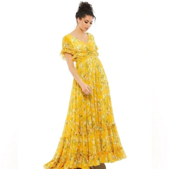 Mac Duggal Flounce Sleeve Floral Maxi Dress in Yellow Multi Size 14 - Picture 2 of 15
